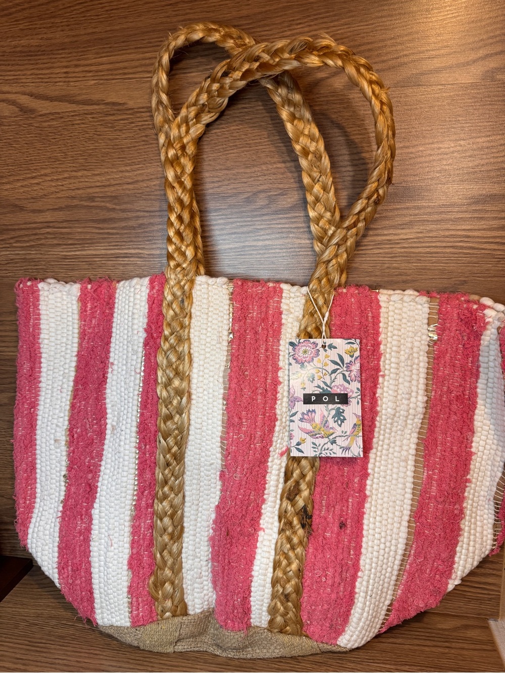 POL Pink and White Striped Woven Tote with Braided Tan Handles